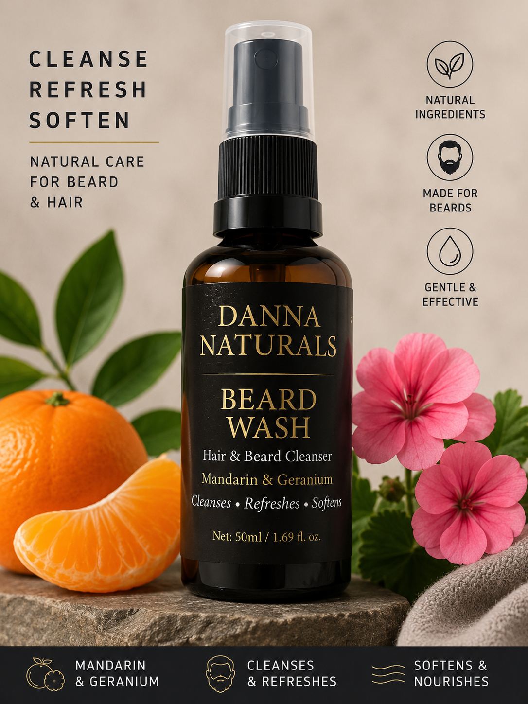 Natural Beard Wash for Men | Soft Beard Cleanser with Mandarin & Geranium