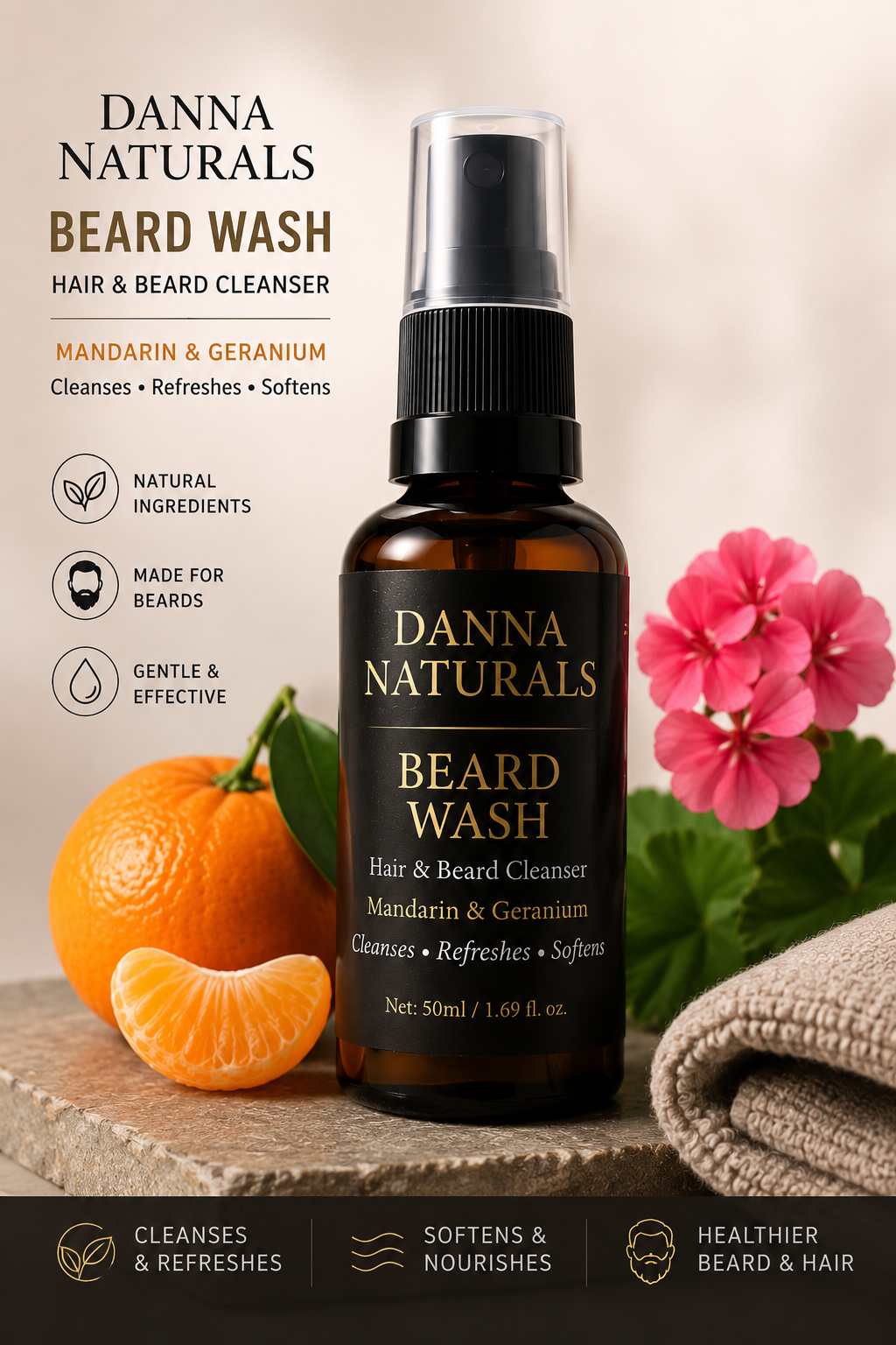 Natural Beard Wash for Men | Soft Beard Cleanser with Mandarin & Geranium