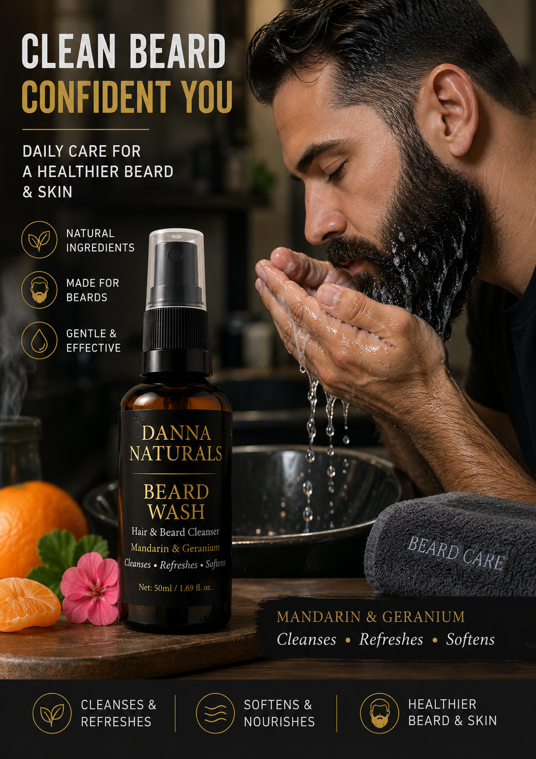 Natural Beard Wash for Men | Soft Beard Cleanser with Mandarin & Geranium