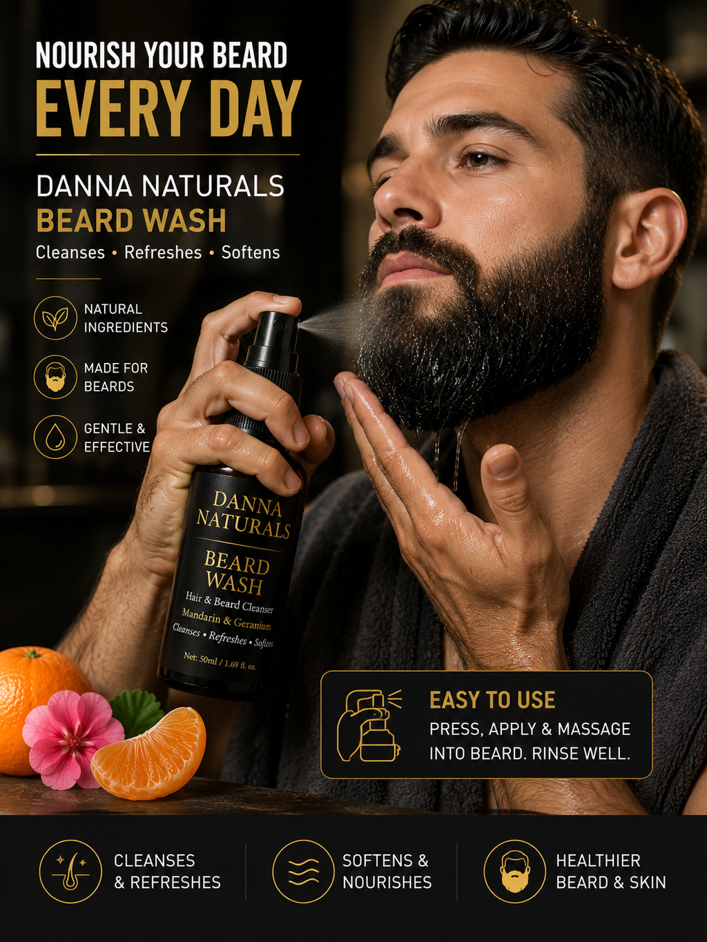 Natural Beard Wash for Men | Soft Beard Cleanser with Mandarin & Geranium