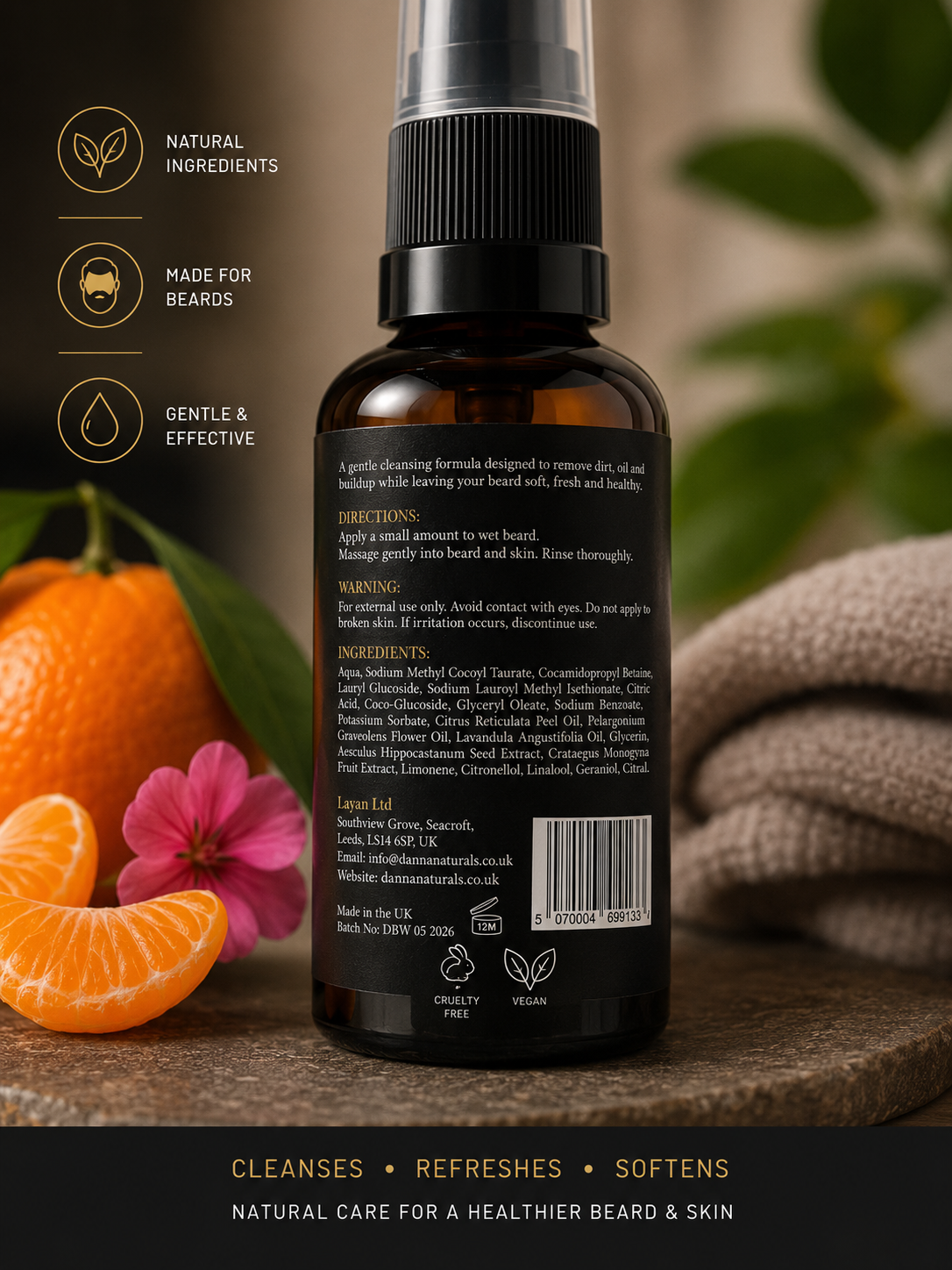 Natural Beard Wash for Men | Soft Beard Cleanser with Mandarin & Geranium