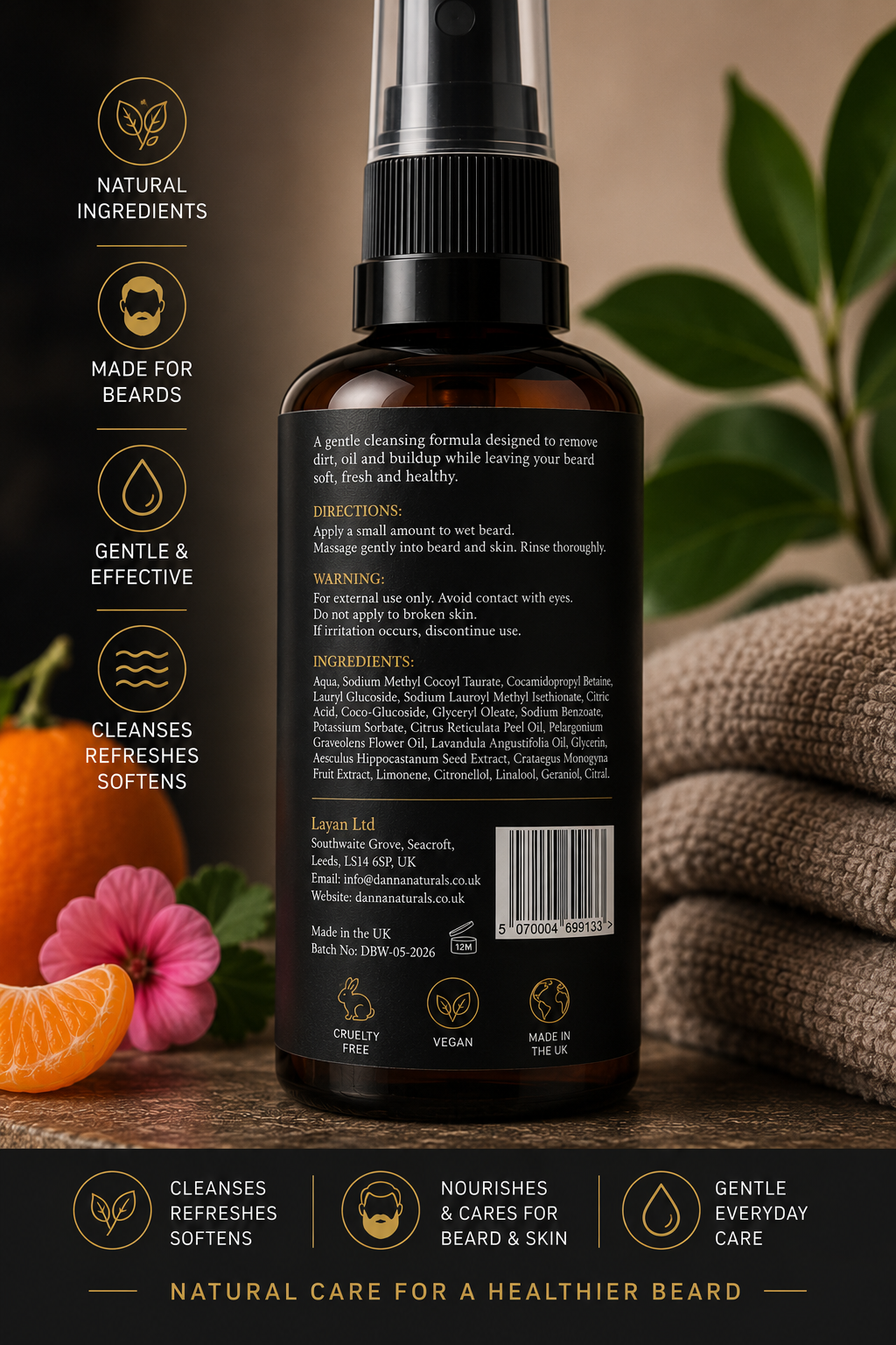 Natural Beard Wash for Men | Soft Beard Cleanser with Mandarin & Geranium